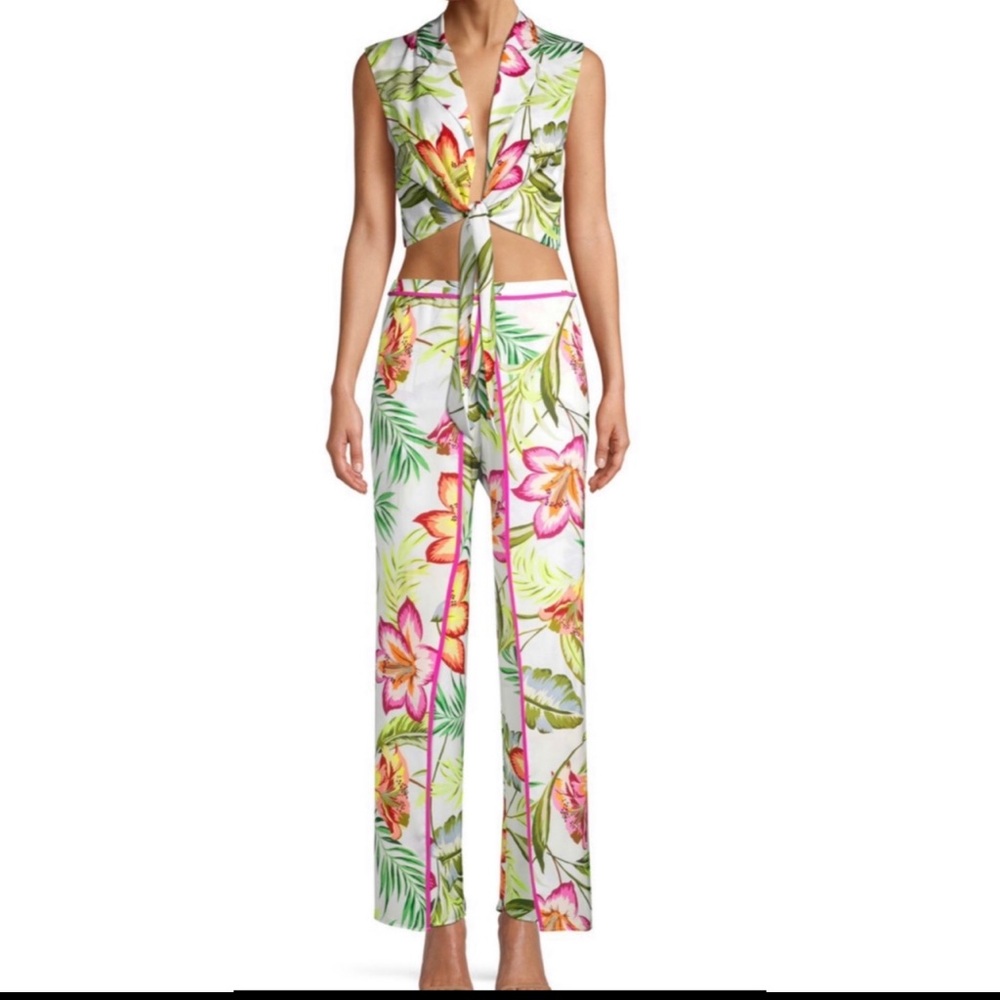 Le SUPERBE Silk Hawaiian Pants Top Flowers NWT sz 8 Floral Tropical Resort Wear
